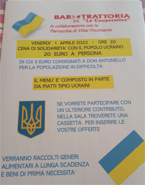 Alla cooperativa di Sant'Antonino di Susa cena di solidarietà per l'Ucraina