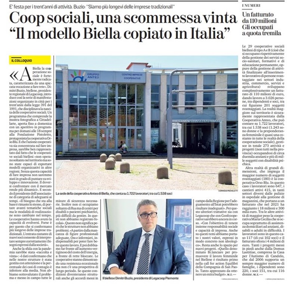 Cooperative sociali, il modello biellese copiato in Italia. L’intervista al presidente Buzio su La Stampa