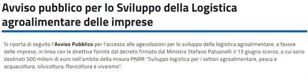 Bando Logistica Agroalimentare