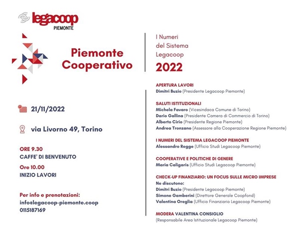 Il 21 novembre la presentazione dei Numeri del Sistema Legacoop Piemonte 2022