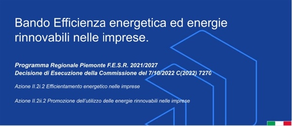Bando “Efficienza energetica ed energie rinnovabili nelle imprese” – Presentazione 21 febbraio 2023 a Torino