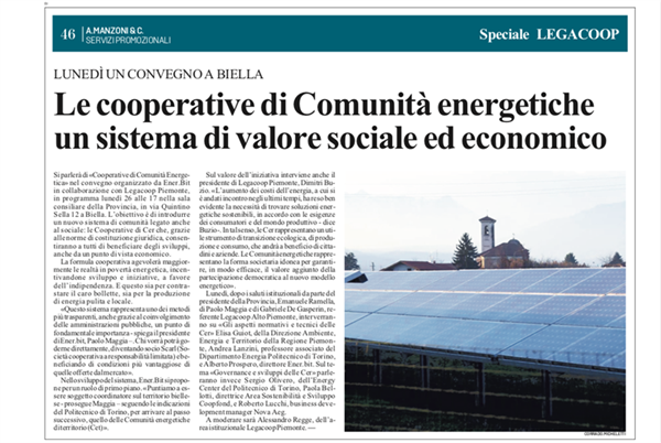 Le cooperative di comunità energetica: su La Stampa Biella l'incontro di lunedì 26