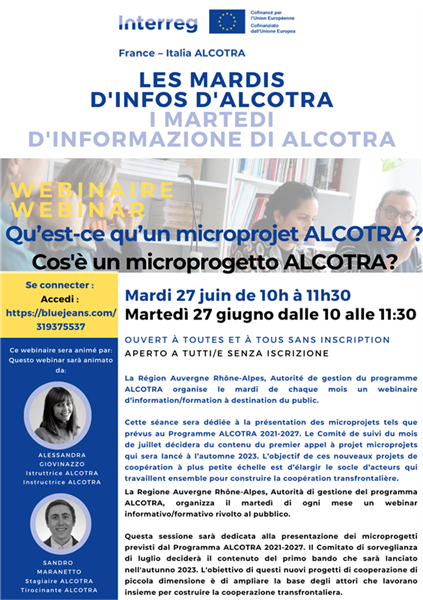 Webinar 27 giugno 2023 ore 10 - “Cos’è un microprogetto ALCOTRA?"