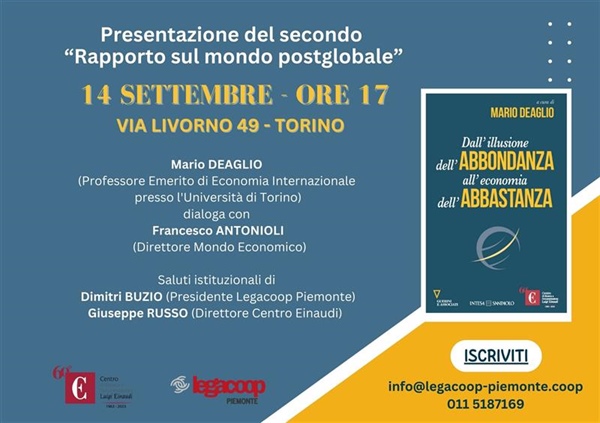 14 settembre - ore 17: il professor Mario Deaglio presenta "Dall'illusione dell'abbondanza all'economia dell'abbastanza"