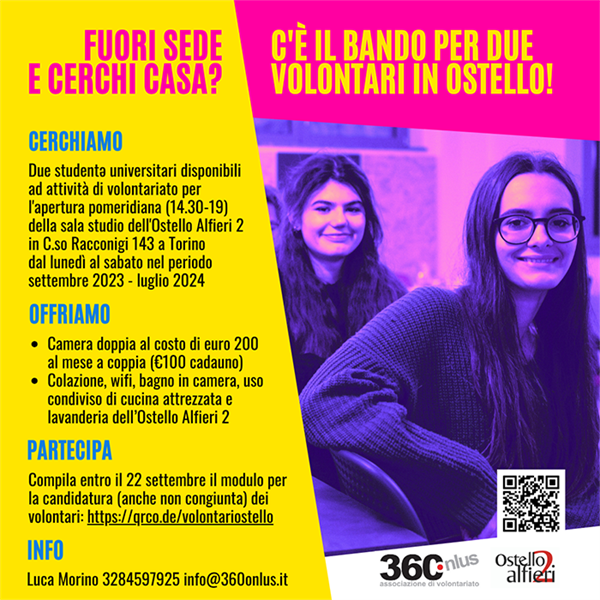 360 Onlus lancia il bando per due Volontari in ostello