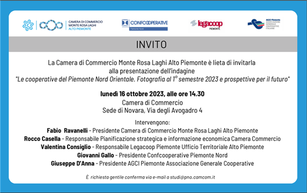 Conferenza stampa lunedì 16 ottobre: le cooperative del Piemonte Nord Orientale, fotografia al 1° semestre 2023 e prospettive per il futuro