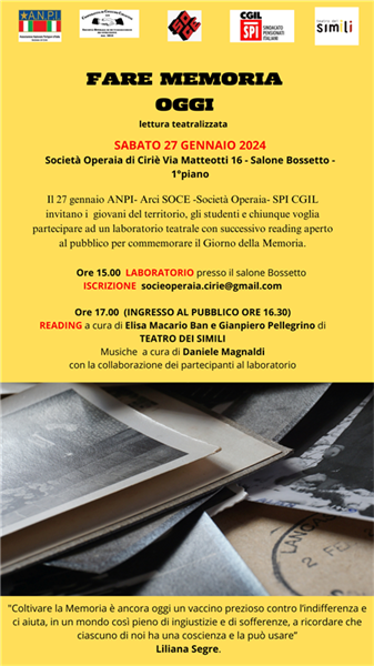 "Fare Memoria Oggi": il 27 gennaio alla cooperativa Ciriacese