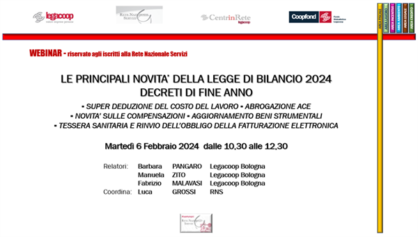 WEBINAR 6 FEBBRAIO 2024 - ‘’LE PRINCIPALI NOVITA’ DELLA LEGGE DI BILANCIO 2024’’