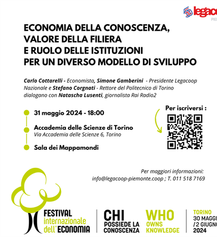 Legacoop al Festival Internazionale dell'Economia: venerdì 31 maggio ore 18