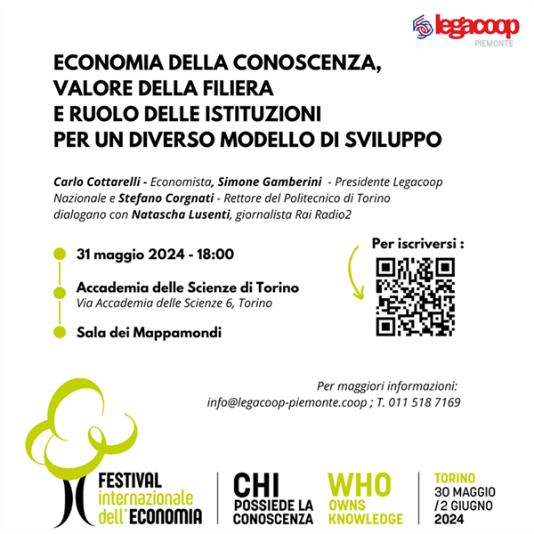 Legacoop al Festival Internazionale dell'Economia: venerdì 31 maggio ore 18