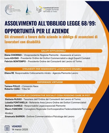 Legge 68/99: un incontro di approfondimento con l’Ordine dei...