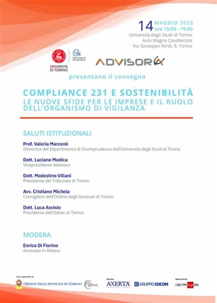 Convegno “Compliance 231 e sostenibilità. Le nuove sfide per le imprese e il ruolo dell’organismo di vigilanza" – 14 maggio 2025 ore 15