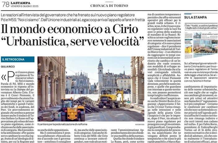 Cresci Piemonte e Piano Regolatore di Torino: il commento di Legacoop...