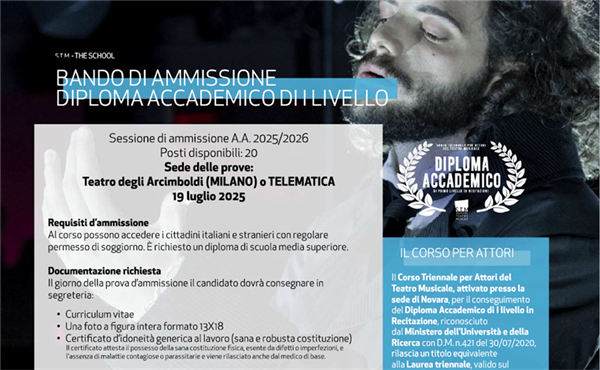 Nuovo bando ammissione a.a. 25/26 per il Corso Triennale per Attori della Scuola Teatro Musicale