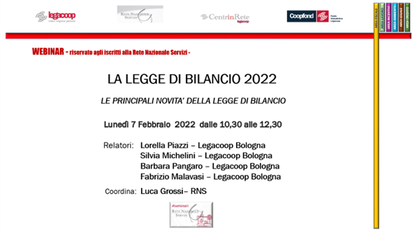 Webinar lunedì 7 febbraio: legge di Bilancio 2022 - le principali novità